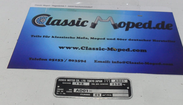 Honda MT50 AD01 Typenschild Rahmen blanco Typschild 198 NEU - Classic-Moped