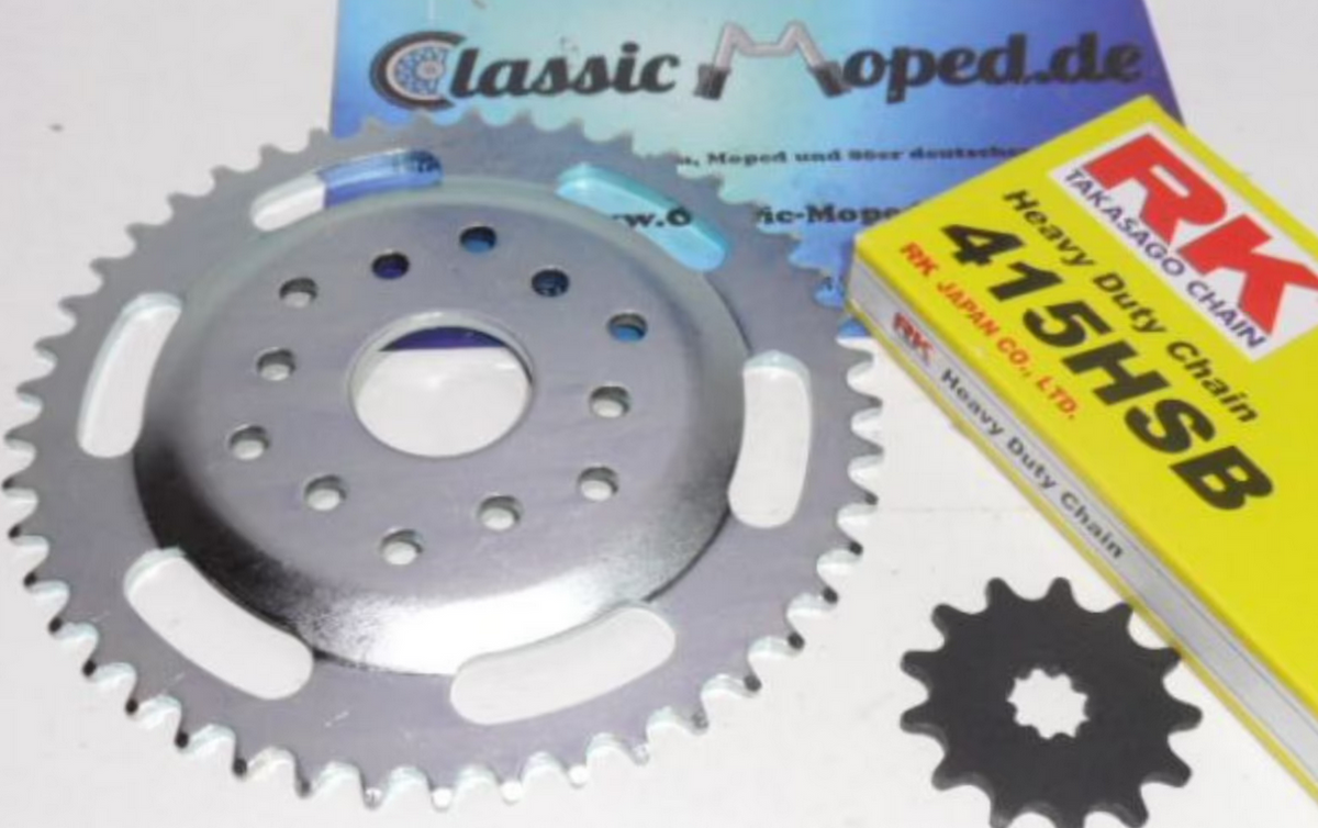 Kettensatz Puch X50 - 2M 13 / 45 Zähne Kette 415 extra stark NEU - Classic-Moped
