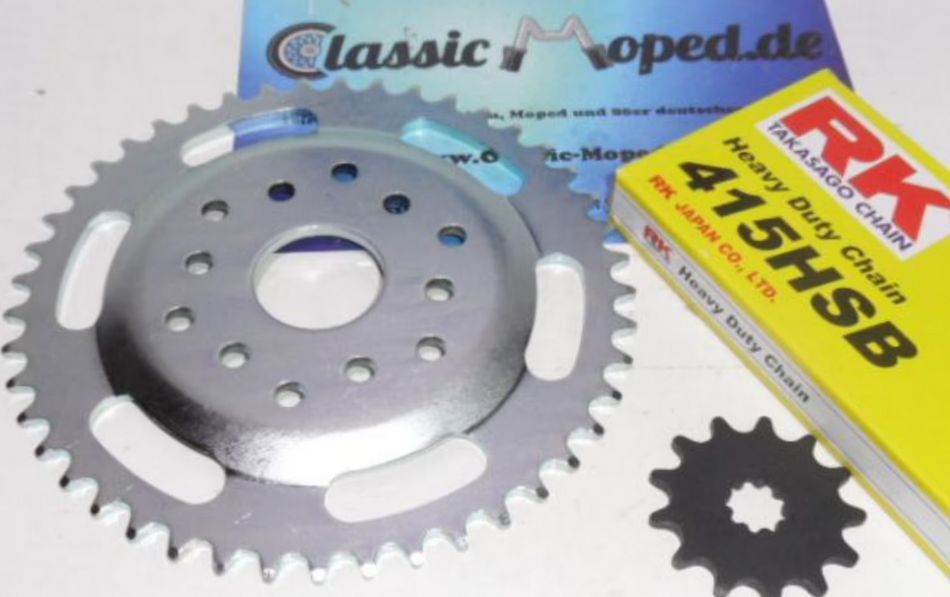 Kettensatz Puch X50 - 2M 13 / 45 Zähne Kette 415 extra stark NEU - Classic-Moped