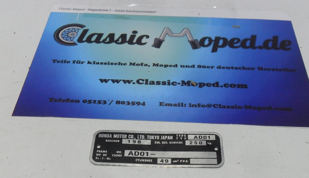 Honda MT50 AD01 Typenschild Rahmen blanco Typschild 198 NEU - Classic-Moped