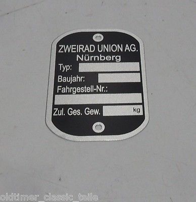 Zweirad Union  Typenschild Rahmen Typschild Plakette Blanco 110 DKW Victoria - Classic-Moped